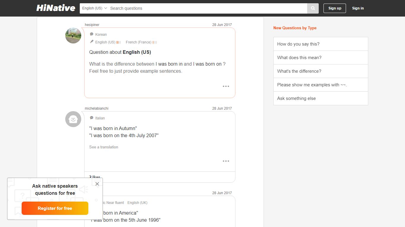 What is the difference between "I was born in - HiNative