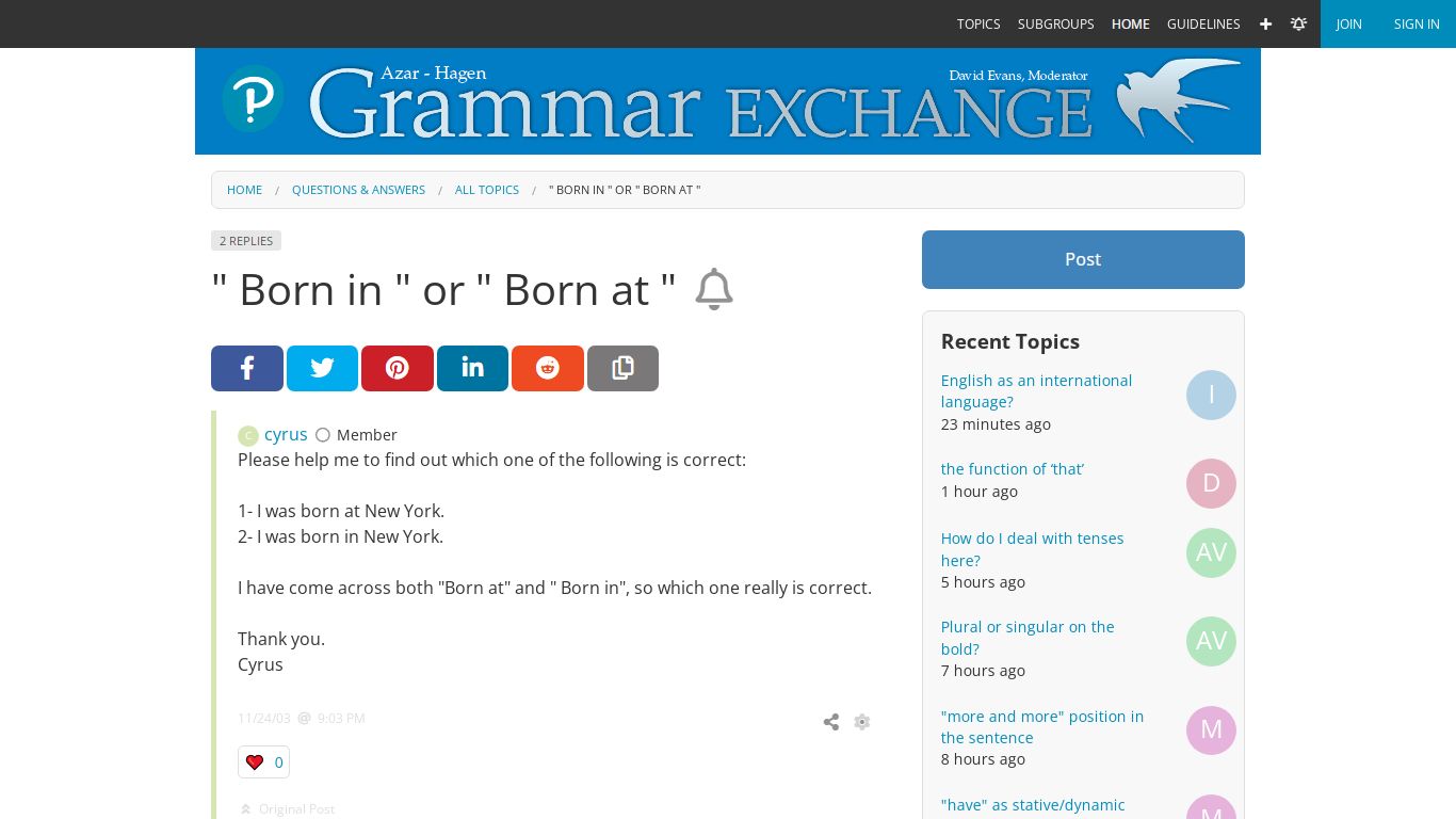 " Born in " or " Born at " | The Grammar Exchange